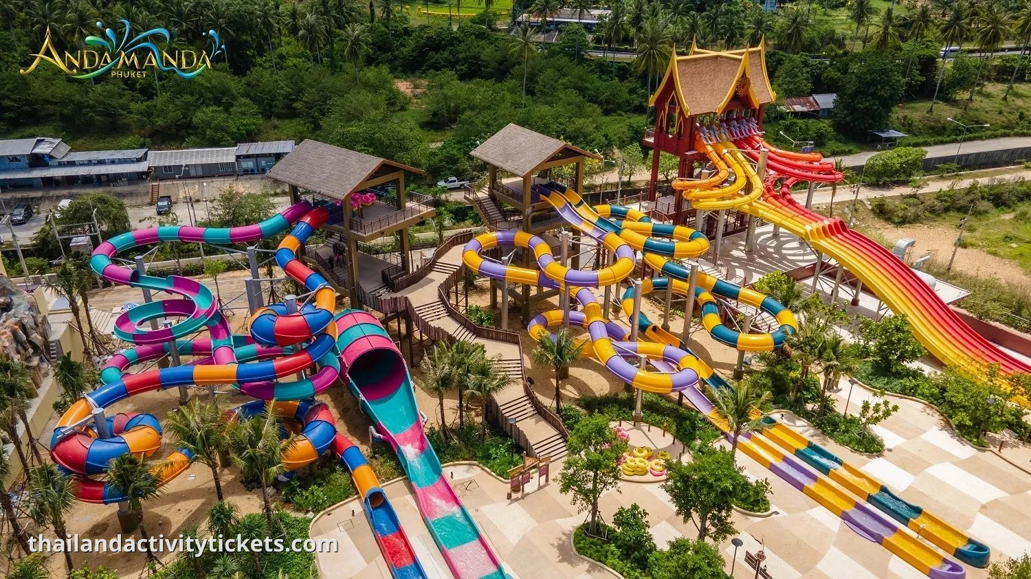 The towering limestone cliff replica 'Koh Tapu' inside the Andamanda Phuket wave pool area