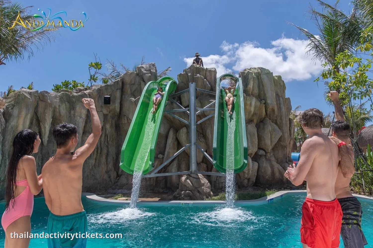 Safe and colorful children's water playground at the Emerald Forest zone in Andamanda