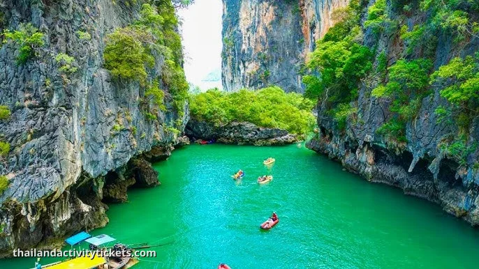 Limestone karst formations scenic view on Phang Nga Bay speedboat tour