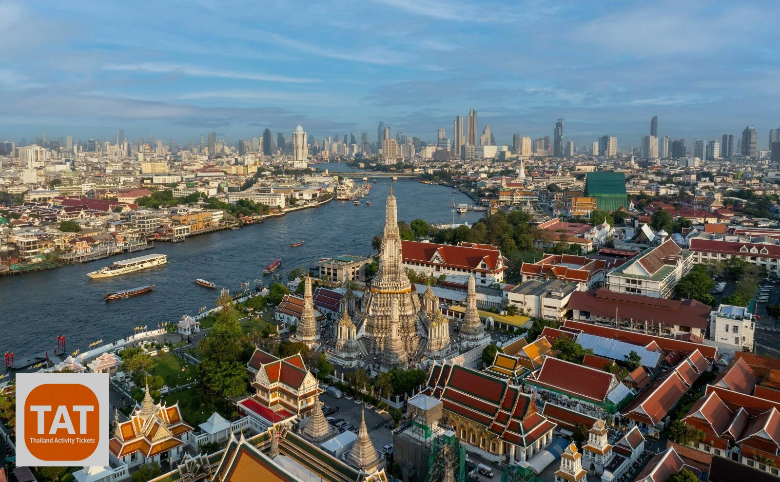 Aerial view of the Chao Phraya River winding through Bangkok