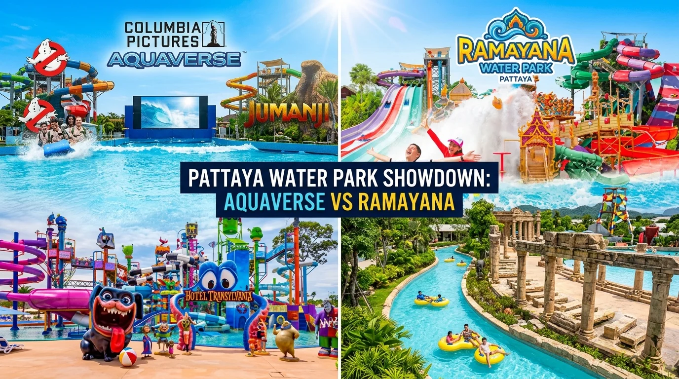 Columbia Pictures Aquaverse and Ramayana Water Park slides compared side by side in Pattaya