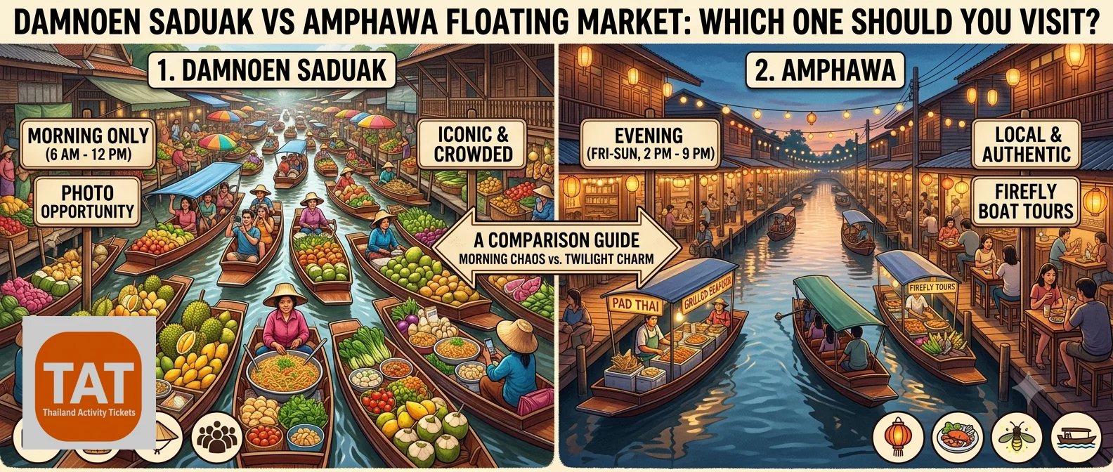 Compare Damnoen Saduak and Amphawa floating markets on timing, atmosphere, and which fits your Bangkok