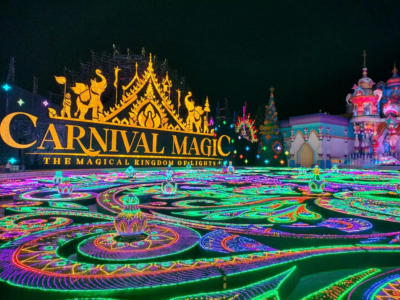 The magical Kingdom of Lights illuminated with over 40 million LED lights creating a stunning nighttime experience in Phuket.