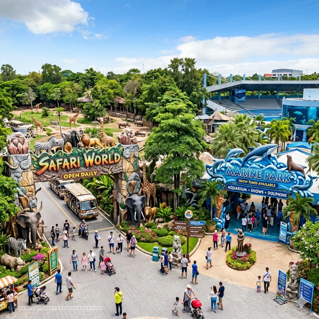 Safari World Bangkok open-air safari drive with giraffes and zebras