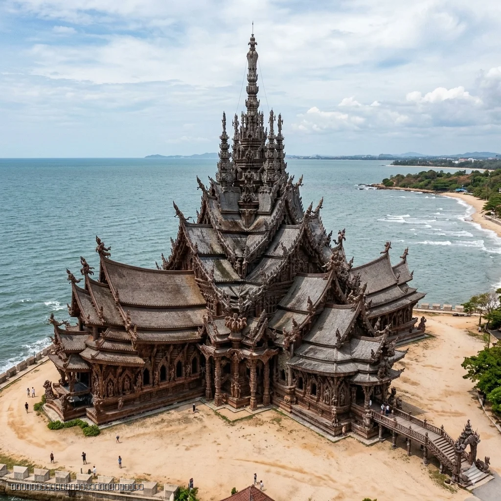 Panoramic view of the Sanctuary of Truth castle in North Pattaya