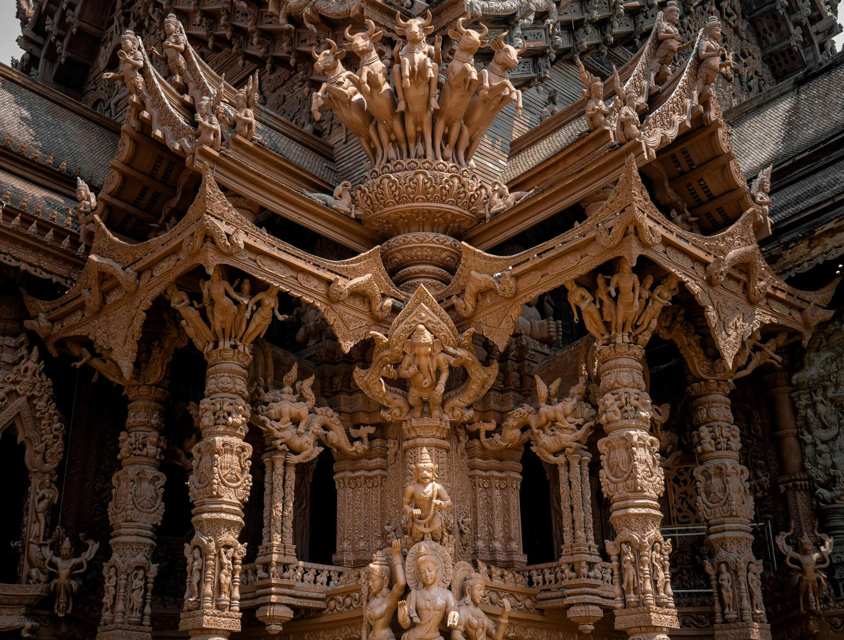 Close-up of wood carving details at the Sanctuary of Truth Pattaya