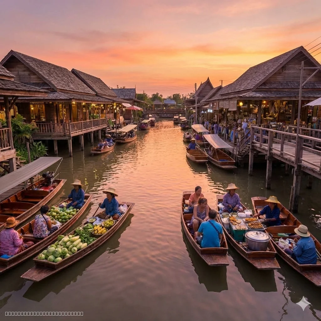 Street food vendors selling mango sticky rice at Pattaya Floating Market