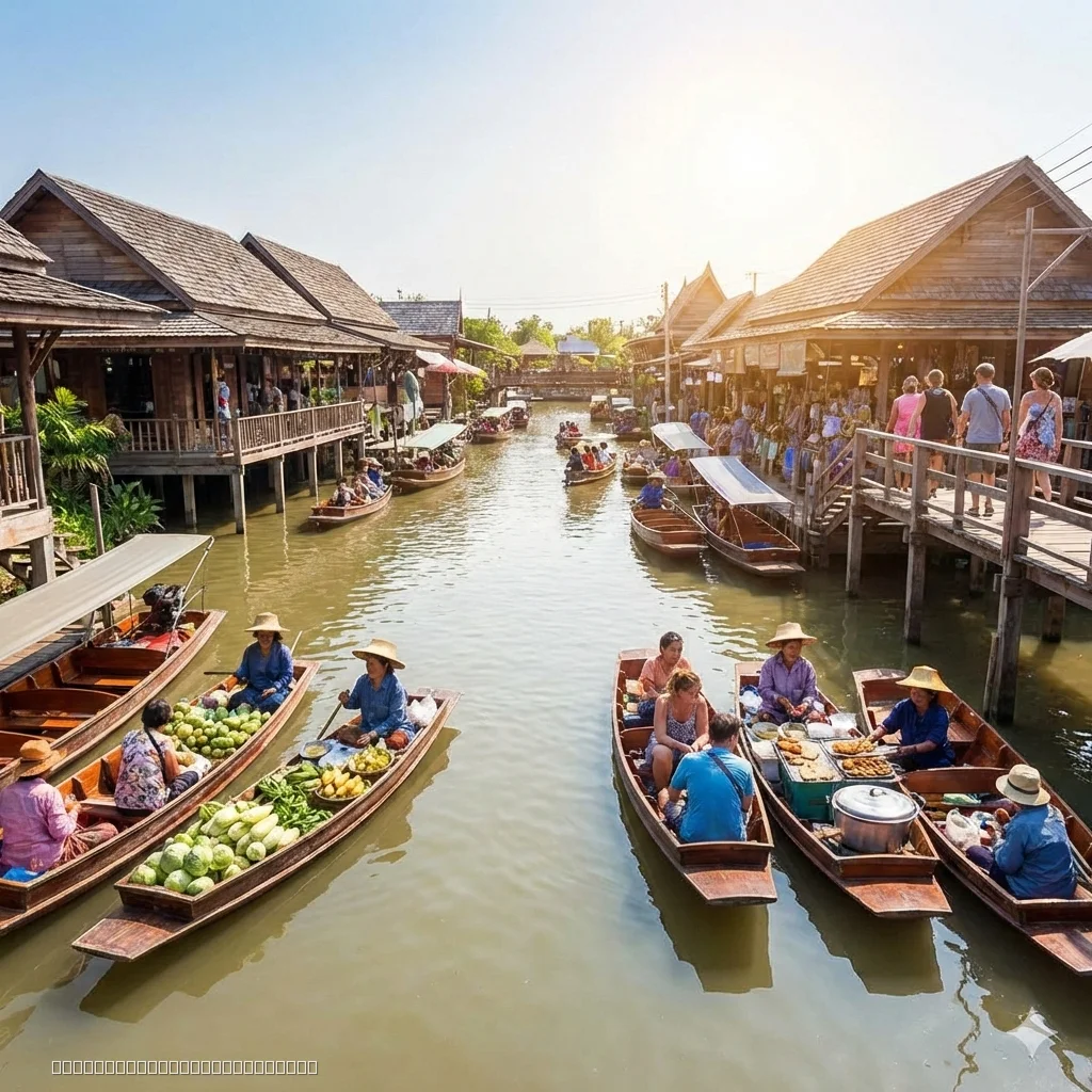 Pattaya Floating Market traditional long-tail boat ride with tourists