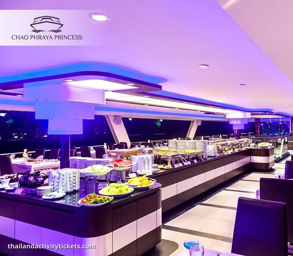 Dinner setup inside Chao Phraya Princess cruise
