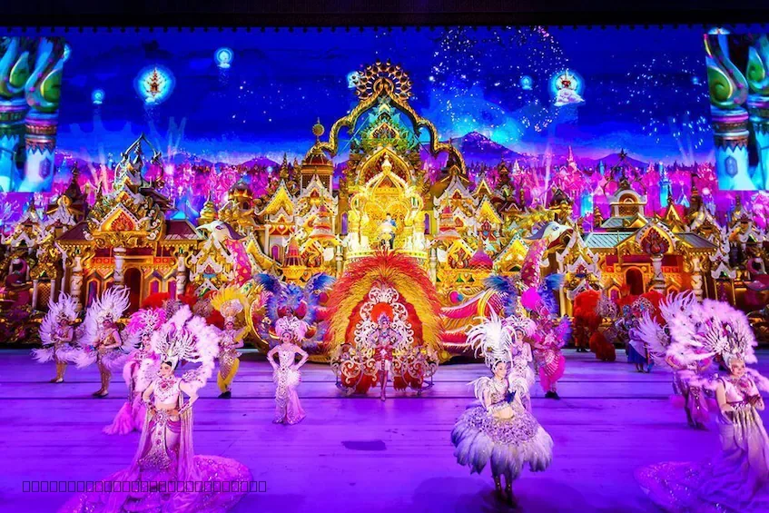 River Palace Parade show with giant floats and dancers at Carnival Magic.