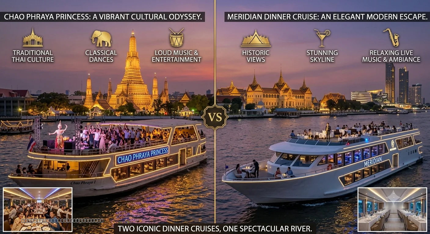 Chao Phraya Princess and Meridian dinner cruise boats on Bangkok river comparison Wat Arun night view
