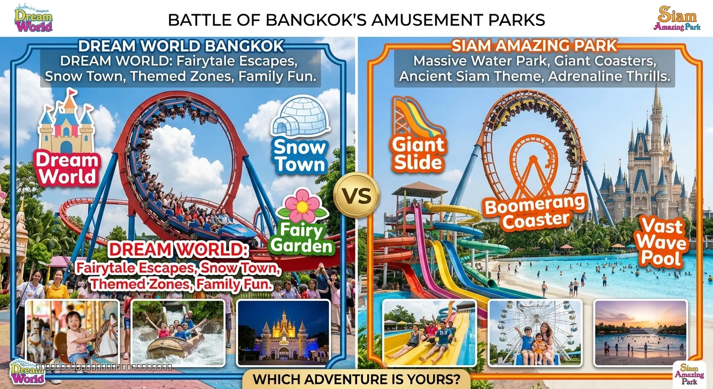Dream World Snow Town and Siam Amazing Park wave pool Bangkok theme park comparison