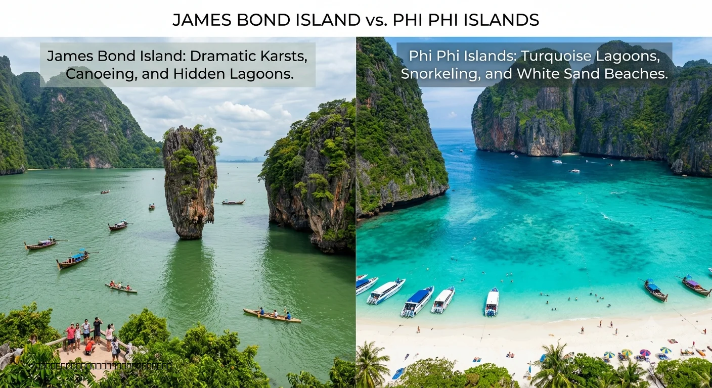James Bond Island limestone rock and Phi Phi Maya Bay turquoise water side by side comparison Phuket day trip