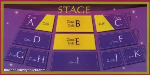 An illustrative guide showing the internal theater seating chart levels and layout zones inside the Palace of the Elephants a