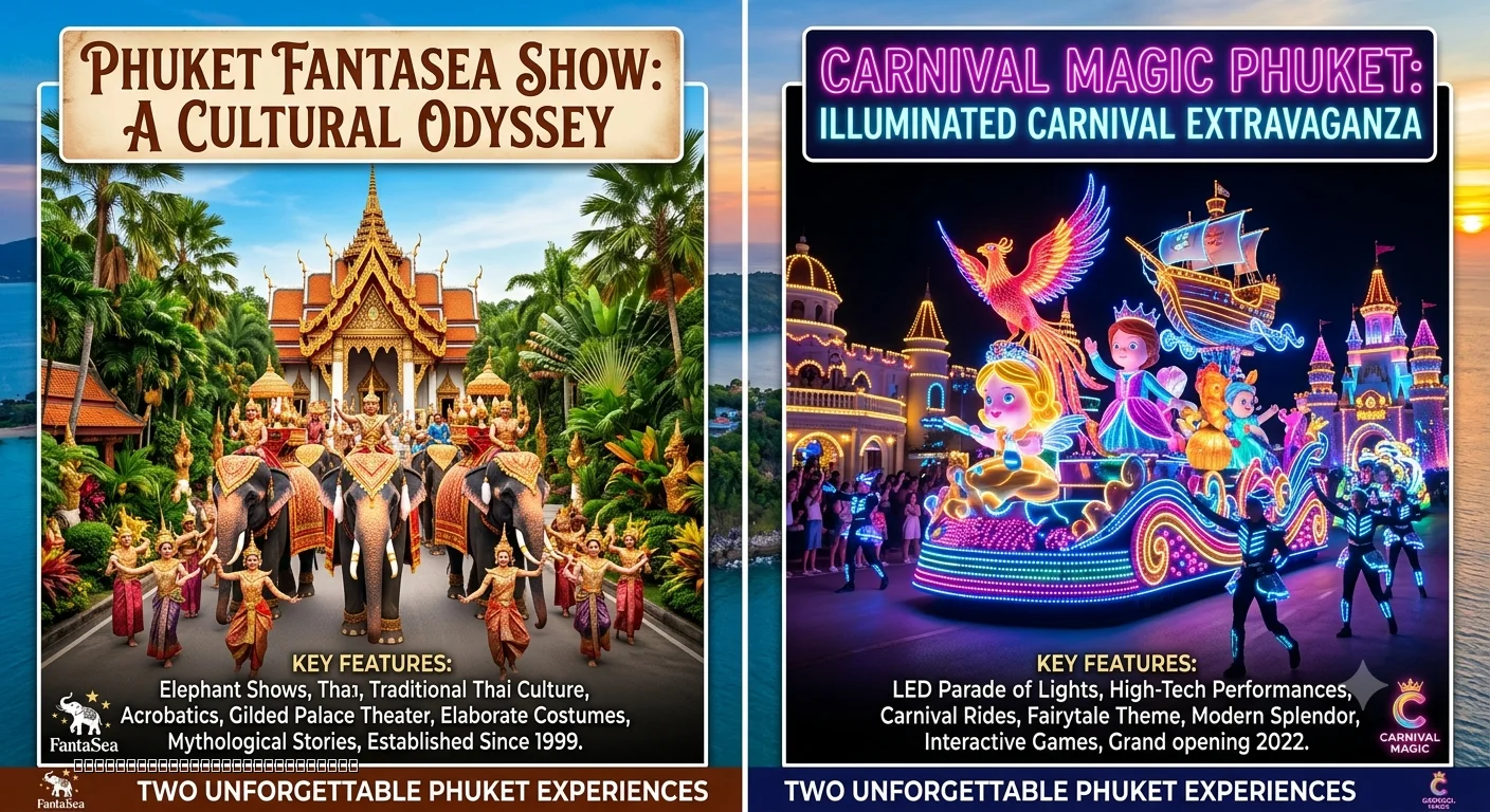 Phuket FantaSea elephant stage show and Carnival Magic Kingdom of Lights night show comparison Kamala Beach