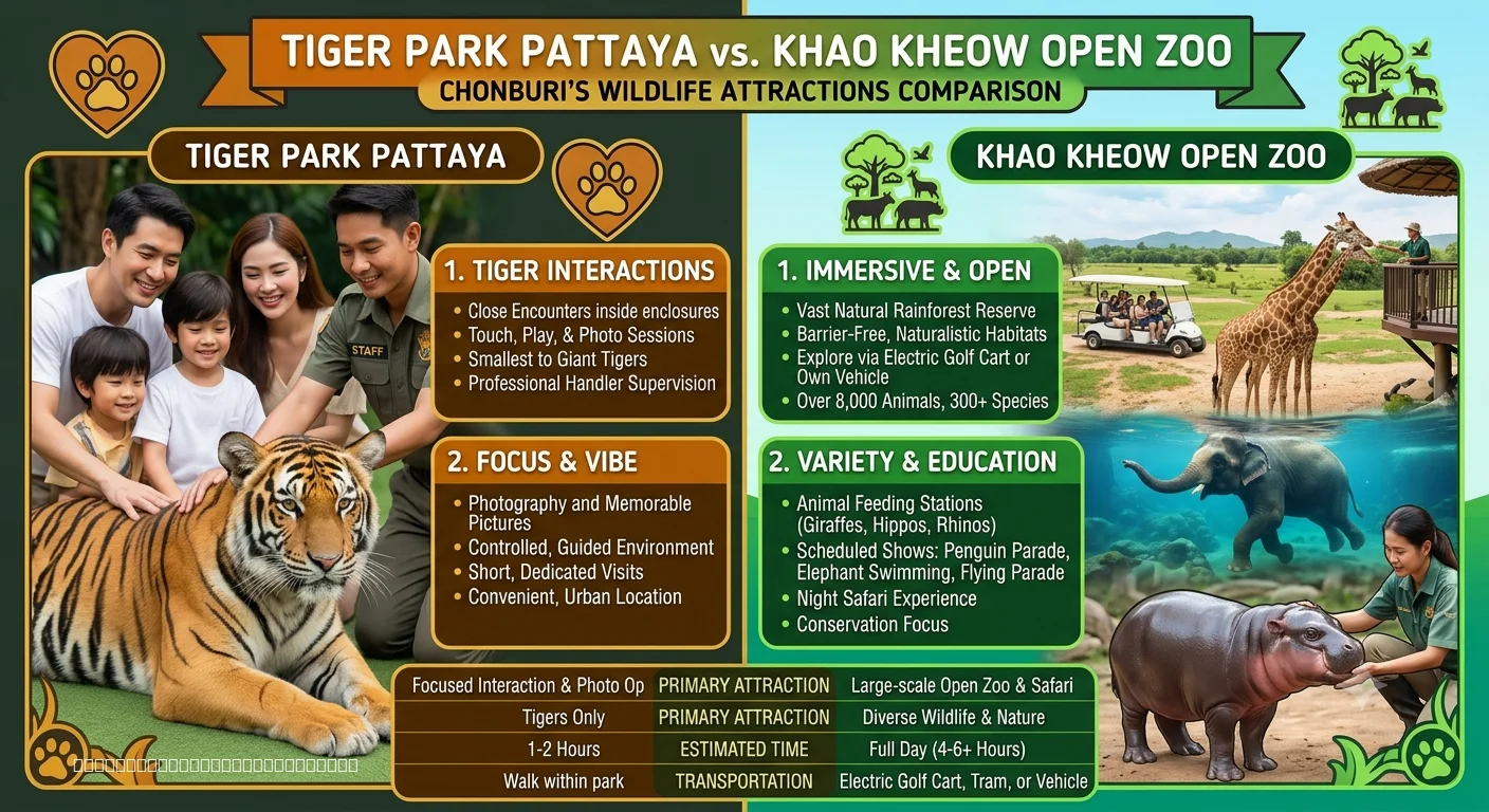 Tiger Park Pattaya vs Khao Kheow Open Zoo comparison