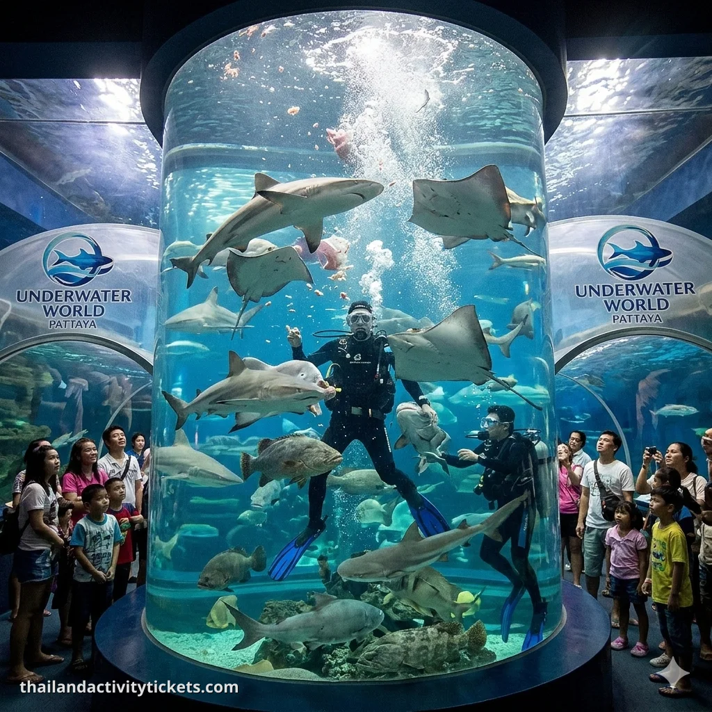 Visitor walking through the 100-meter underwater tunnel at Underwater World Pattaya