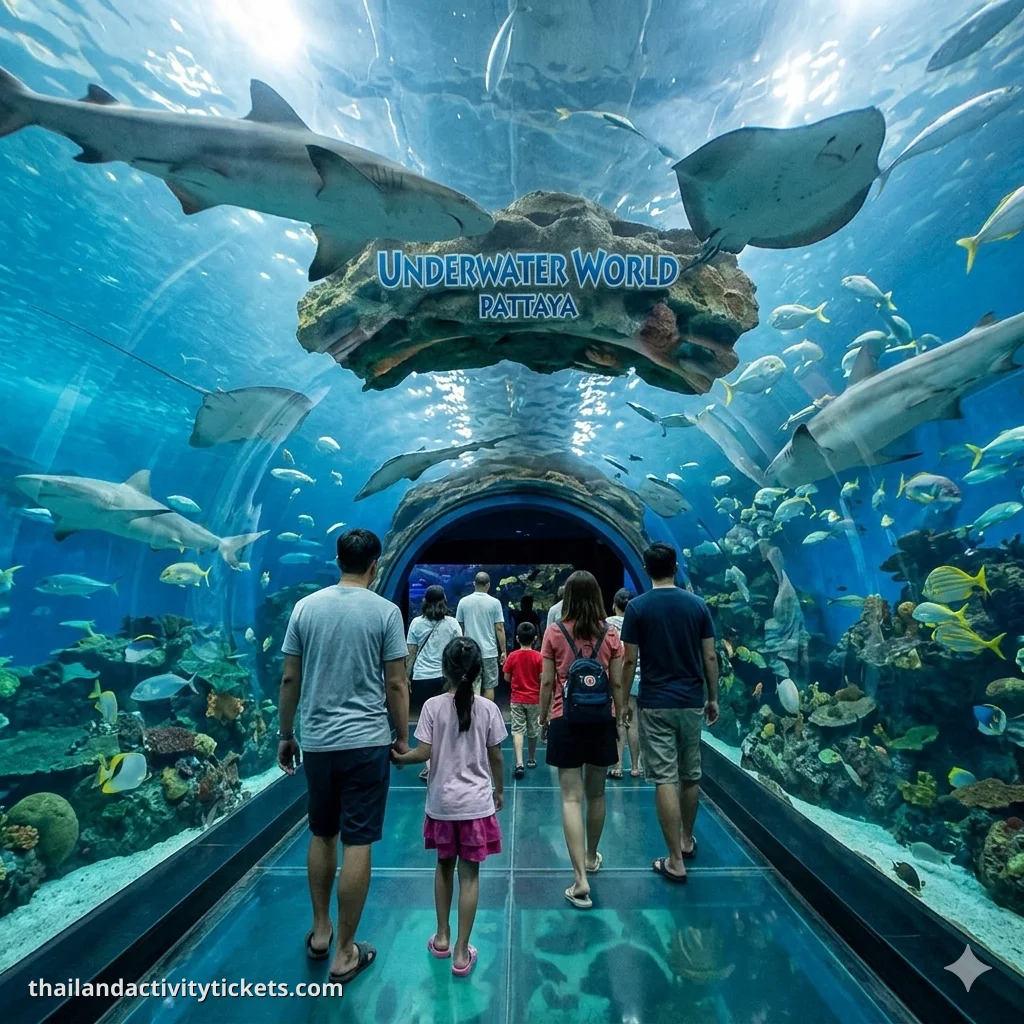 Giant shark swimming above guests in the Open Ocean Zone aquarium."