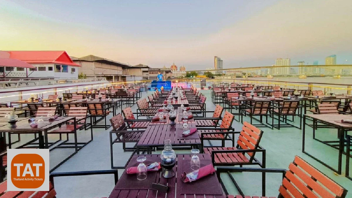 Open-air rooftop deck on the White Orchid dinner cruise Bangkok